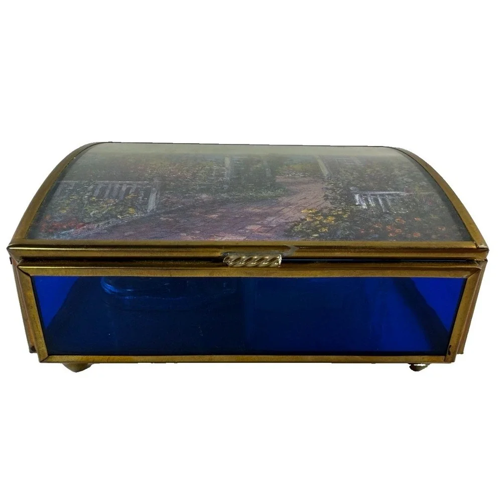 Vintage Enesco Brass & Cobalt Blue Glass Music Box The Spring/Primavera Mexico